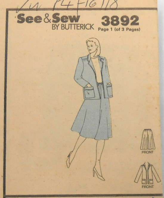 VINTAGE BUTTERICK 3892 SKIRT & JACKET SIZE 14-16-18 COMPLETE-UNCUT-F/FOLDED-NO COVER SUPPLIED