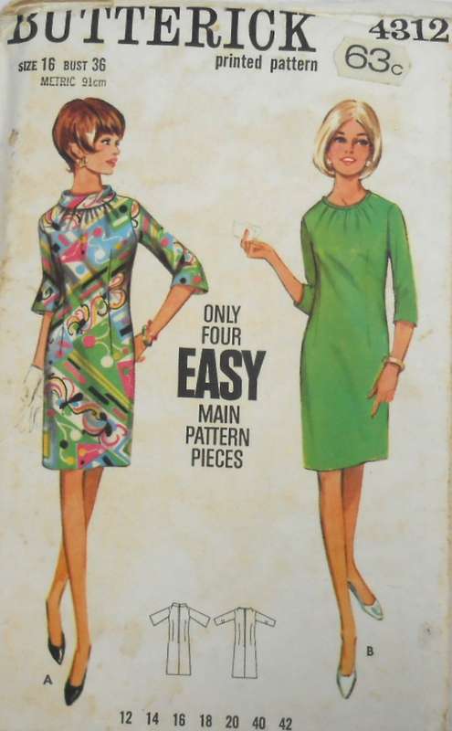 BUTTERICK 4312 ONE PIECE DRESS SIZE 16 BUST 36 COMPLETE-UNCUT-F/FOLDED