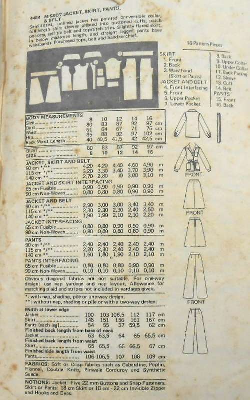 BUTTERICK 4484 JACKET-SKIRT-PANTS-BELT SIZE 16 BUST 97 CM/38" COMPLETE