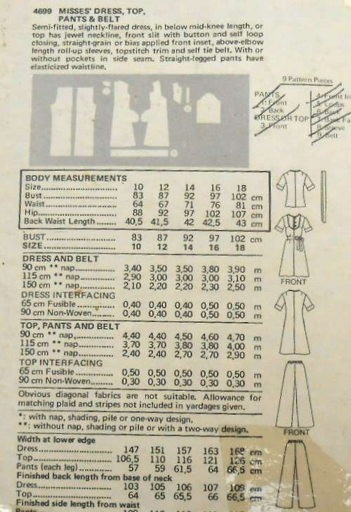 BUTTERICK 4699 DRESS-TOP-PANTS-BELT SIZE 10 BUST 83 CM/32 1/2" COMPLETE
