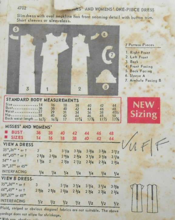 VINTAGE BUTTERICK 4702 ONE PIECE DRESS SIZE 14 BUST 36 COMPLETE-UNCUT-F/FOLDED
