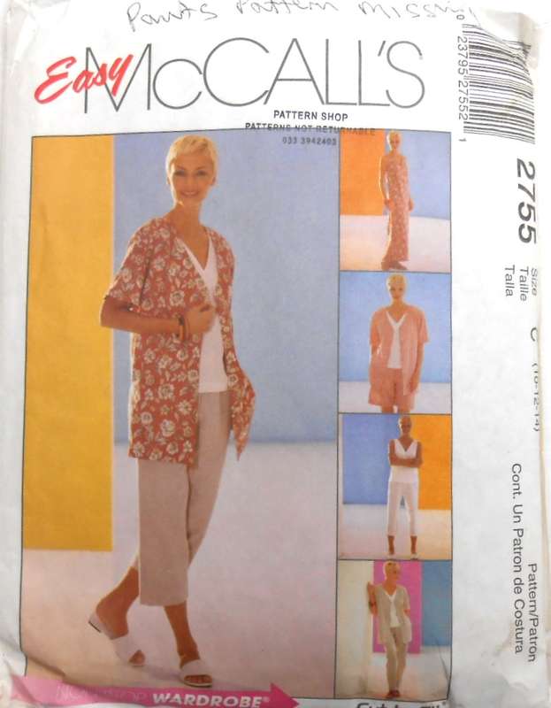 McCALLS 2755  UNLINED JACKET-DRESS OR TOP SIZE 10-12-14 -CUT TO 14 NO PANTS OR SHORTS SUPPLIED