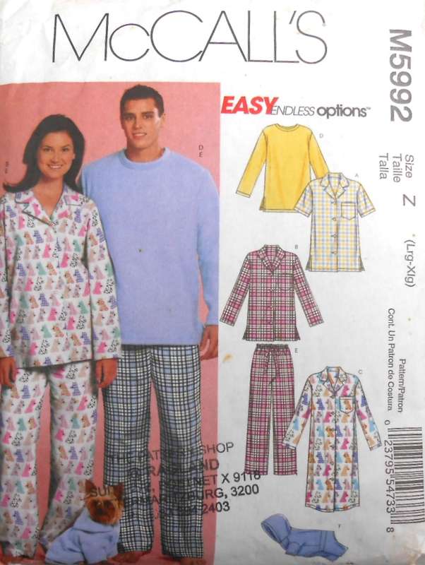 McCALLS M5992 UNISEX TOPS-NIGHTSHIRT-PANTS-SWEATSUIIT FOR DOG SIZE L-XL (38-44) COMPLETE-CUT TO XL