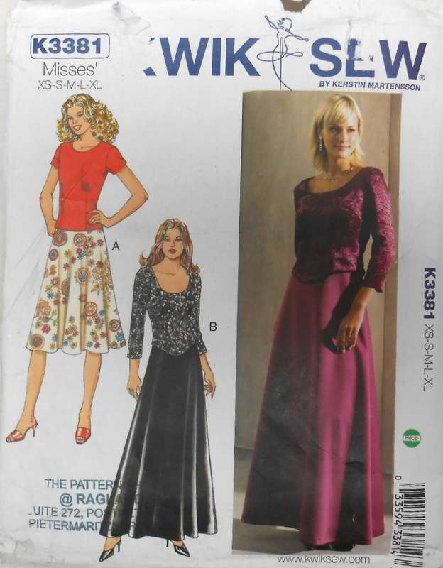 KWIK SEW  K3381 TOPS & SKIRT SIZES XS-S-M-L-XL (80-106 CM) COMPLETE-CUT TO XL  (102-106 CM)