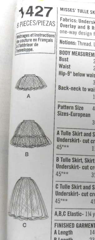 SIMPLICITY 1427 TULLE SKIRT IN 3 LENGTHS SIZES 4-12 COMPLETE-PART CUT TO 12