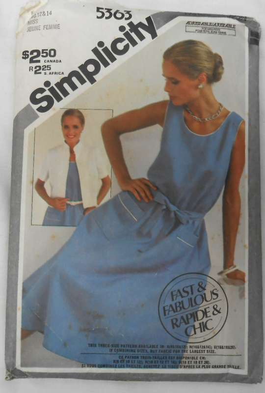 SIMPLICITY 5363 PULLOVER DRESS & UNLINED JACKET- SIZE 10-12-14 COMPLETE-CUT TO 14