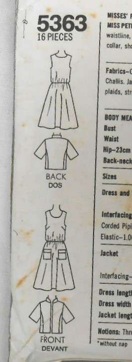 SIMPLICITY 5363 PULLOVER DRESS & UNLINED JACKET- SIZE 10-12-14 COMPLETE-CUT TO 14
