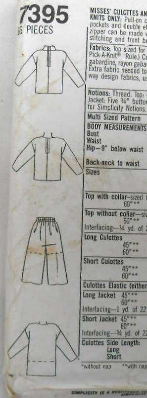 SIMPLICITY 7395 CULOTTES & UNLINED JACKET IN 2 LENGTHS+TOP SIZE PT-XL (6-24) COMPLETE-UNCUT-F/FOLDED