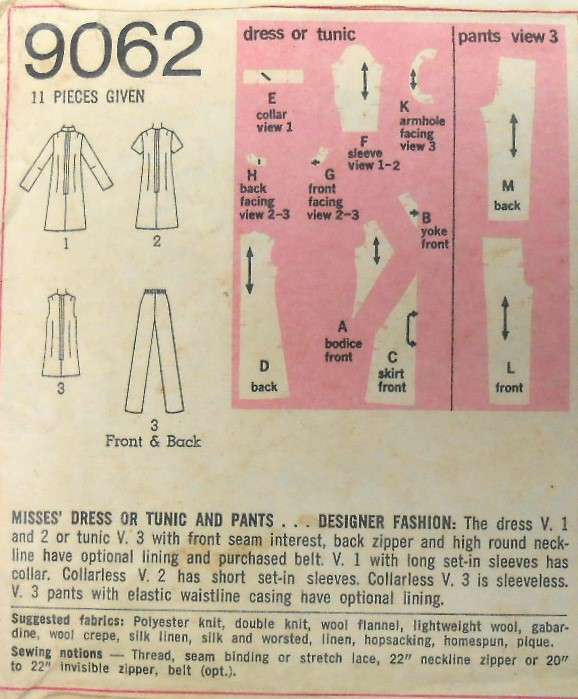 VINTAGE SIMPLICITY 9062 DESIGNER FASHION DRESS-TUNIC-PANTS SIZE 10 BUST 32 1/2 COMPLETE