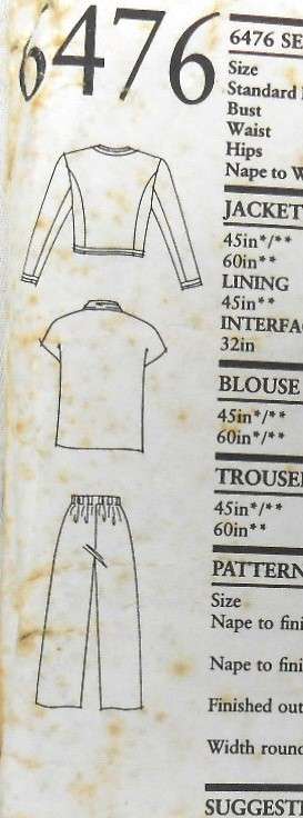 NEW LOOK PATTERNS 6476 SHORT JACKET-TOP-PANTS SIZES 6-18 COMPLETE-TOP CUT TO 10-PANTS CUT TO 12