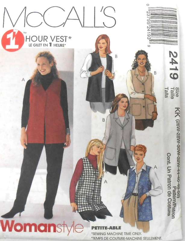 McCALLS 2419 WOMANS UNLINED WAISTCOATS SIZE 26W-28W-30W-32W-44-46-48-50 COMPLETE-CUT TO 50