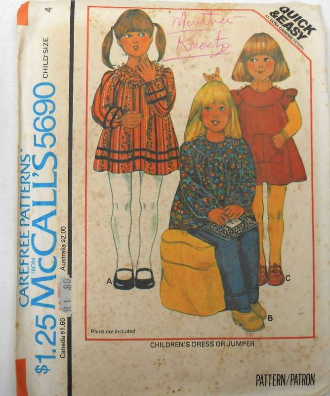 McCALLS 5690 GIRLS DRESS OR PINAFORE SIZE 4 YEARS - THE POCKET IS NOT SUPPLIED