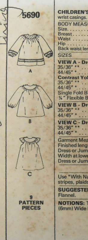 McCALLS 5690 GIRLS DRESS OR PINAFORE SIZE 4 YEARS - THE POCKET IS NOT SUPPLIED