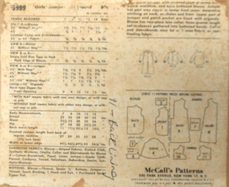 McCall's 6937 GIRLS PINAFORE-BLOUSE SIZE 7 YEARS COMPLETE-ENVELOPE