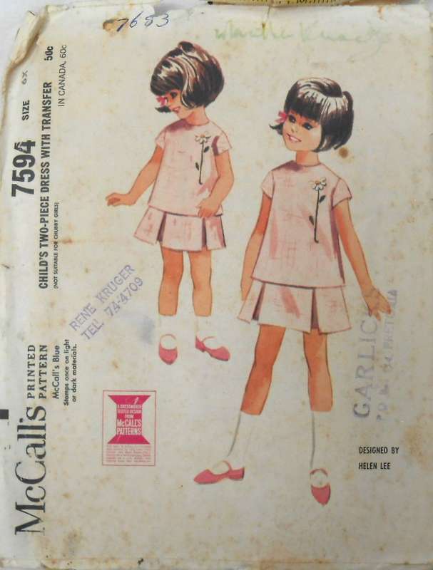 McCall's 7594 GIRLS TWO PIECE DRESS + TRANSFER SIZE 6X YEARS COMPLETE-WITH TRANSFER