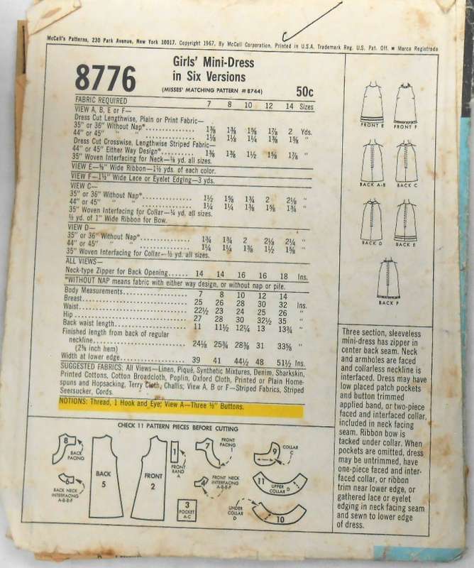 VINTAGE McCall's 8776 GIRLS MINIDRESS IN 6 VERSIONS SIZE 12 YEARS COMPLETE