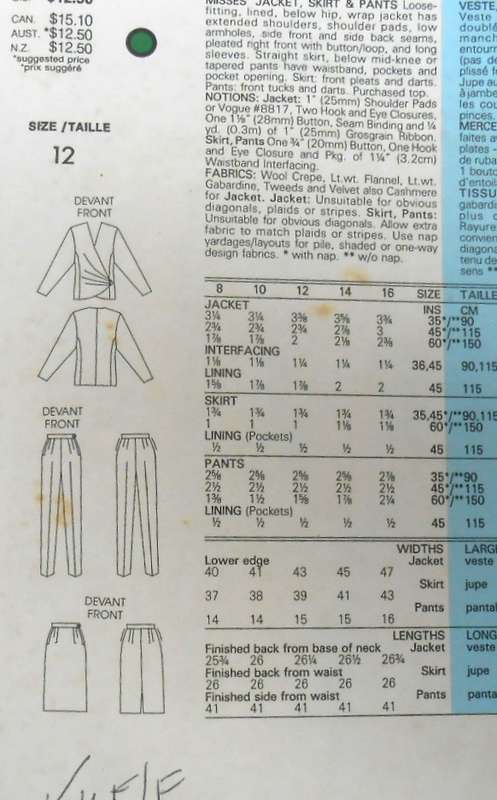 VOGUE 1640 PERRY ELLIS -JACKET-SKIRT-PANTS SIZE 12 COMPLETE-UNCUT-F/FOLDED