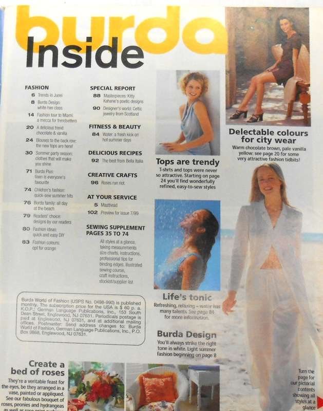 BURDA-WORLD OF FASHION 6/99 104 PAGES - NO PULL-OUT SECTION - SEWING SUPPLEMENT PAGES  35-74