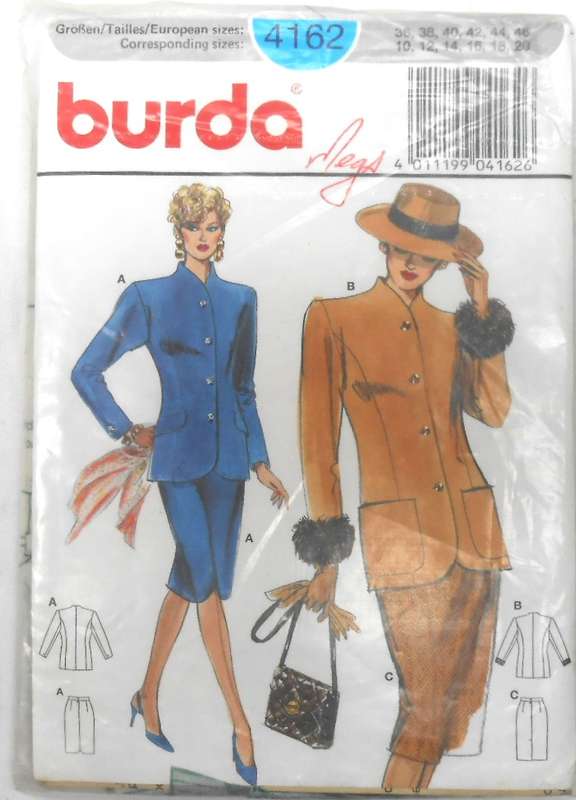 BURDA 4162 LADIES SKIRT SUIT WITH-STAND UP COLLAR SIZE 10 - 20 COMPLETE CUT TO 20