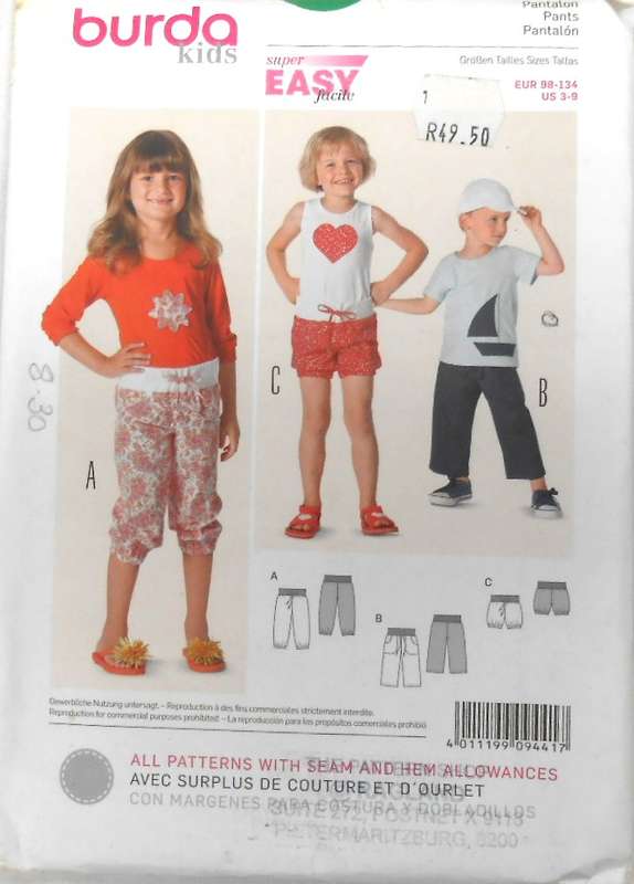 BURDA 9441 KIDS PANTS-SHORTS SIZE 3-9 YEARS COMPLETE-UNCUT-F/FOLDED
