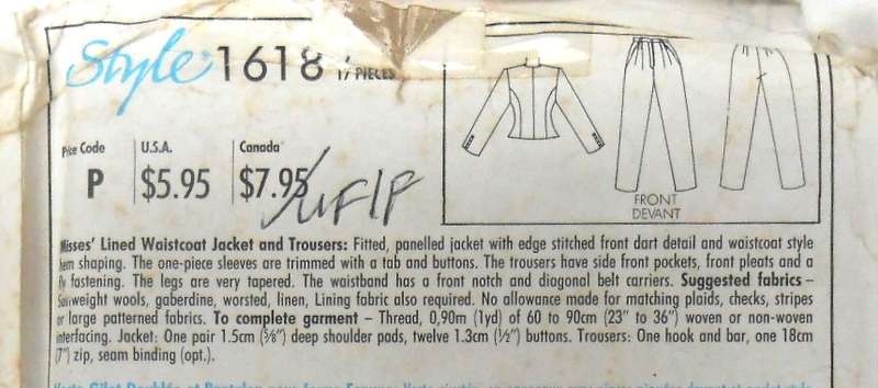 STYLE 1618 LINED WAISTCOAT JACKET & PANTS SIZE 14 COMPLETE-UNCUT-F/FOLDED