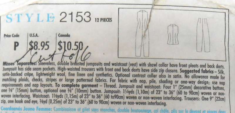 STYLE 2153 SLEEVELESS DBL BREASTED JUMPSUIT & WAISTCOATS SIZE 6-16 COMPLETE-CUT TO 16