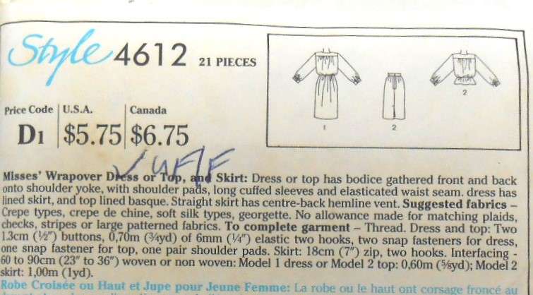 STYLE 4612 WRAPOVER DRESS OR TOP-SKIRT SIZES-10 COMPLETE-UNCUT-F/FOLDED