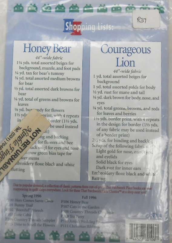 QUILTING CLASSICS 2 IN 1 -HONEY BEAR 36 x 43" & COURAGEOUS LION 45 x 38" -THAT PATCHWORK PLACE