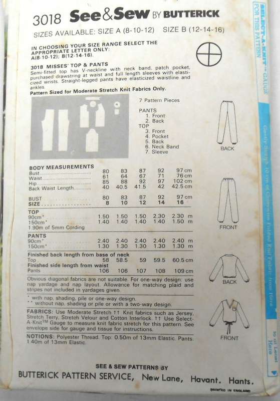 BUTTERICK 3018 TOP & PANTS SIZE 12-14-16 COMPLETE-PART CUT TO 16