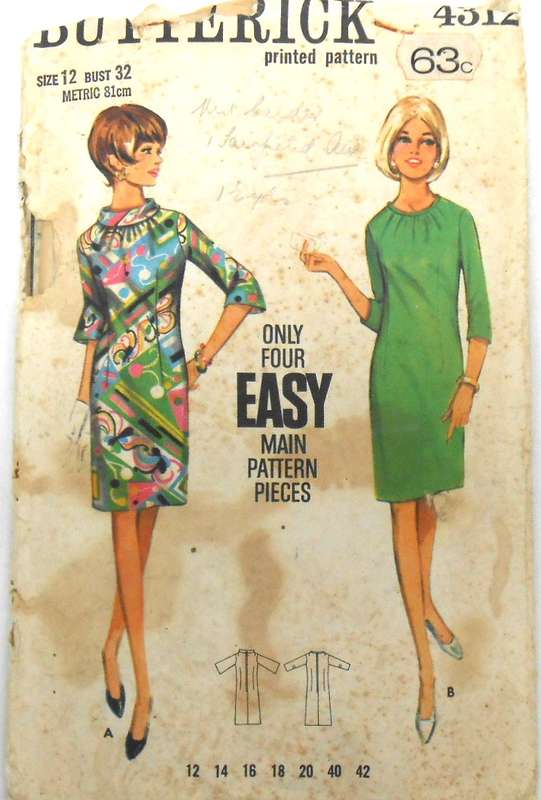 VINTAGE BUTTERICK 4312 ONE PIECE DRESS SIZE 12 BUST 32 COMPLETE