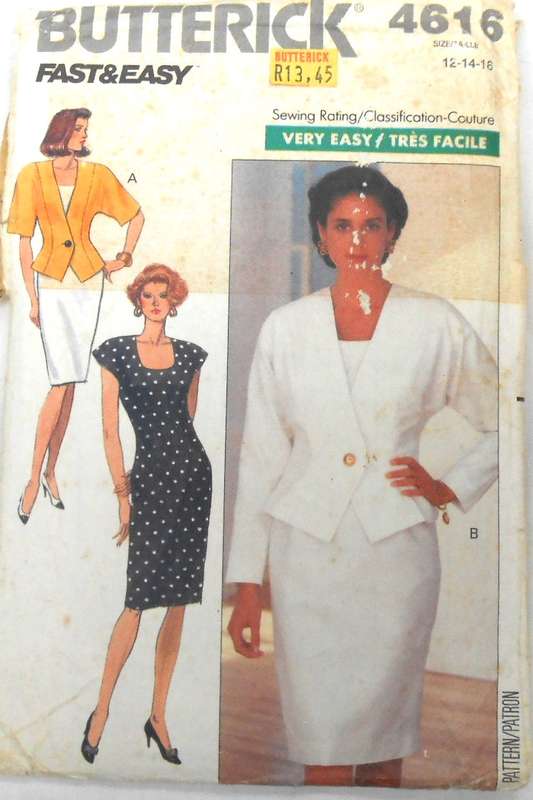 BUTTERICK 4616 LOOSE UNLINED JACKET ABOVE HIP & STRAIGHT DRESS SIZE 12-14-16 COMPLETE-DRESS TO 12