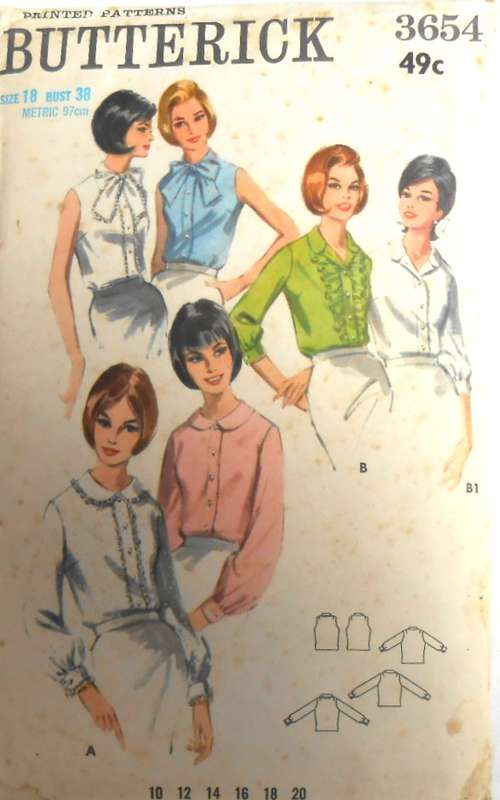 VINTAGE BUTTERICK 3654 BLOUSE IN SIX VERSIONS SIZE 18 BUST 38 COMPLETE