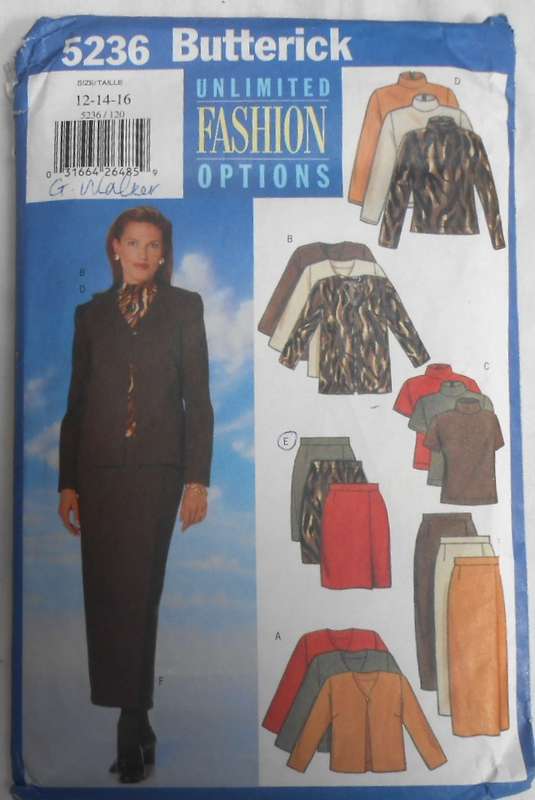BUTTERICK 5236 JACKET-TOP-SKIRT SIZE 12-14-16 COMPLETE-CUT TO 16