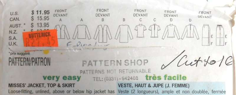BUTTERICK 5236 JACKET-TOP-SKIRT SIZE 12-14-16 COMPLETE-CUT TO 16