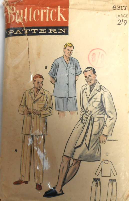 VINTAGE BUTTERICK 6317 MENS PJS IN 2 LENGTHS + SLEEP COAT SIZE LARGE 42-44" COMPLETE