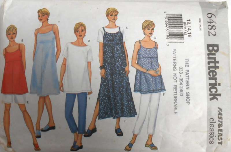 BUTTERICK 6482MATERNITY DRESS-TOP-PANTS-SHORTS SIZE 12-14-16 CUT TO 16-NO SHOULDER STRAP SUPPLIED