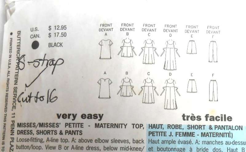 BUTTERICK 6482MATERNITY DRESS-TOP-PANTS-SHORTS SIZE 12-14-16 CUT TO 16-NO SHOULDER STRAP SUPPLIED