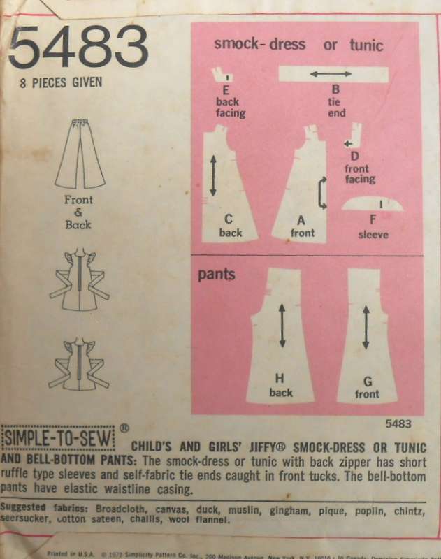 VINTAGE SIMPLICITY 5483 GIRLS SMOCK DRESS-TUNIC-BELL BOTTOM PANTS SIZE 6 YEARS BREAST 25 COMPLETE
