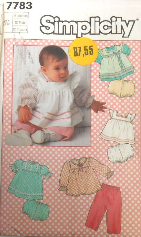 SIMPLICITY 7783 BABIES TOPS-APRON-SUNDRESS-PANTS-PANTIES SIZE 12M COMPLETE-ZIPLOC