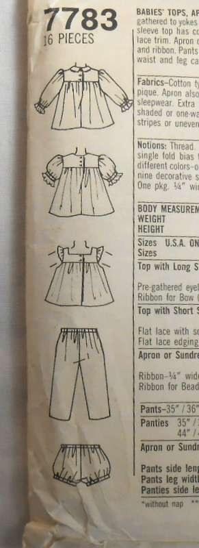 SIMPLICITY 7783 BABIES TOPS-APRON-SUNDRESS-PANTS-PANTIES SIZE 12M COMPLETE-ZIPLOC
