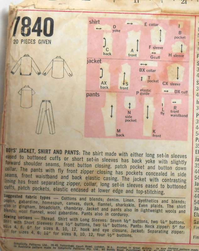 SIMPLICITY 7840 BOYS JACKET-SHIRT-PANTS SIZE 6 YEARS SEE LISTING-ZIPLOC