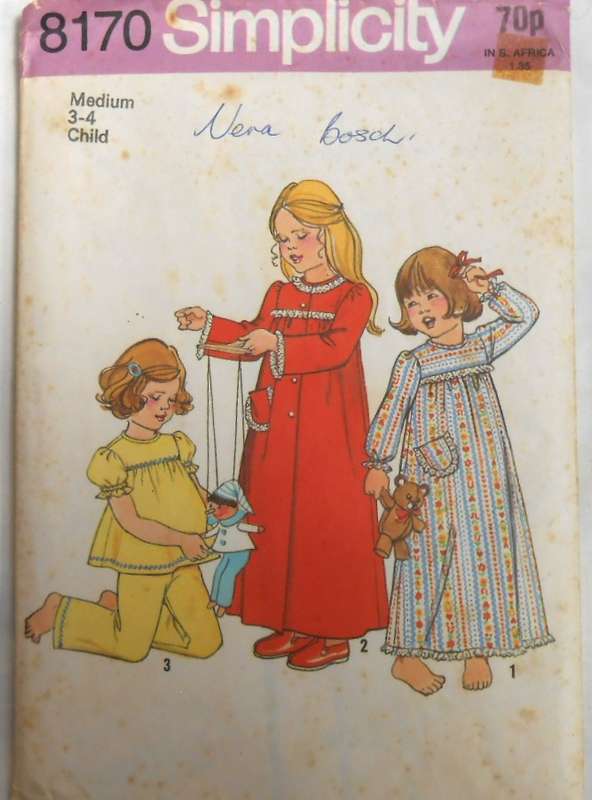 SIMPLICITY 8170 GIRLS NIGHTGOWN-PJS-ROBE SIZE 3-4 YEARS COMPLETE-UNCUT-F/FOLDED