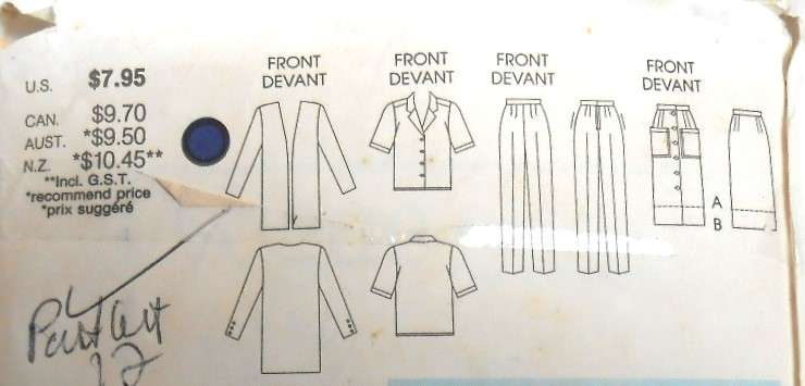 VOGUE 9855 JACKET-SKIRT-PANTS-BLOUSE SIZES 8-10-12 COMPLETE-PART CUT TO 12