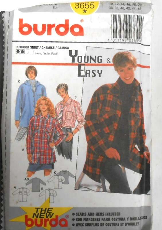 BURDA 3655 HOODIE - SHIRT SIZE 10-20 COMPLETE-UNCUT-F/FOLDED