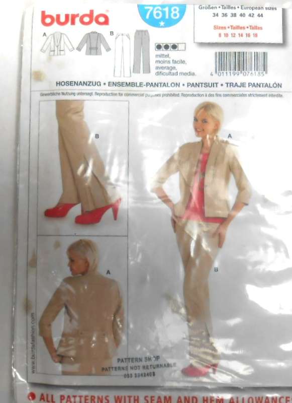 BURDA 7616 PANTSUIT SIZE 8-18 COMPLETE-UNCUT-F/FOLDED-ZIPLOC