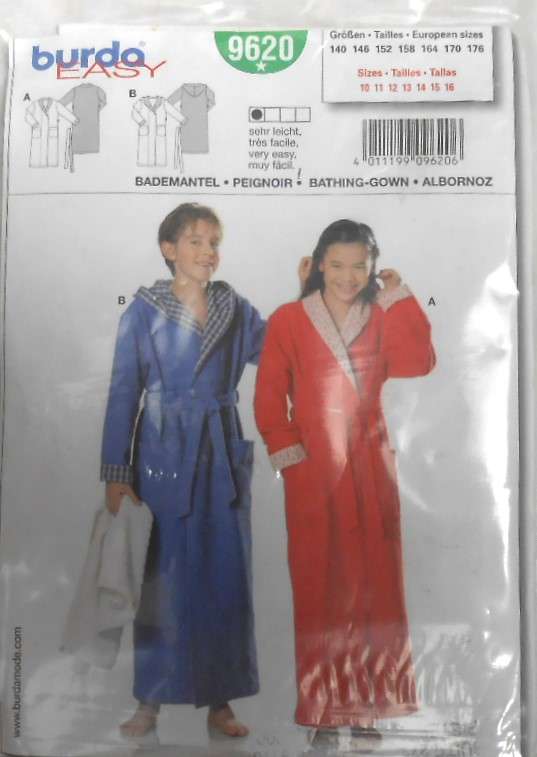 BURDA 9620 KIDS BATH ROBE SIZE 10-16 YEARS COMPLETE-UNCUT-F/FOLDED-ZIPLOC