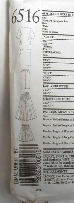 NEW LOOK PATTERNS 6516 SHORT JACKET-TOP-SKIRT-SPLIT PANTS SIZE 6-18 -COMPLETE-UNCUT-F/FOLDED