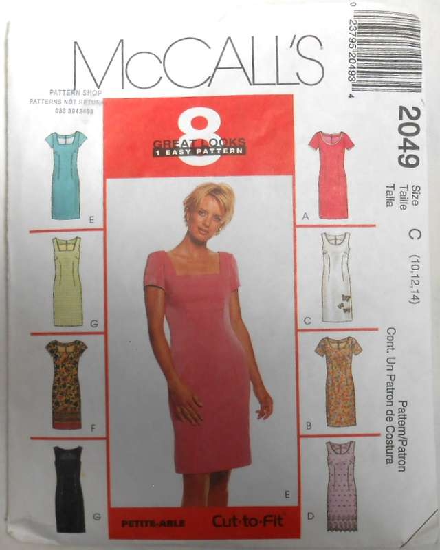 McCALLS 2049 FITTED DRESS WITH DIFFERENT NECKLINES SIZE 10-12-14-COMPLETE-CUT TO 14