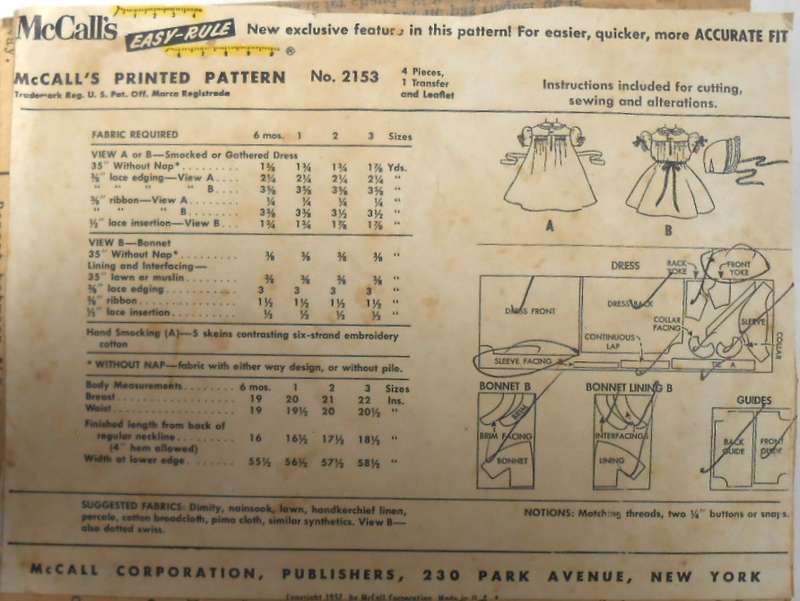 VINTAGE McCALLS 2153 TODDLERS DRESS & BONNET WITH TRANSFER SIZE 2 YEARS-COMPLETE-ZIPLOC