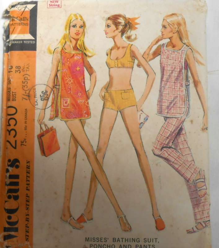 VINTAGE McCALLS 2350 BATHING SUIT-PONCHO-PANTS SIZE 16 BUST 38 COMPLETE